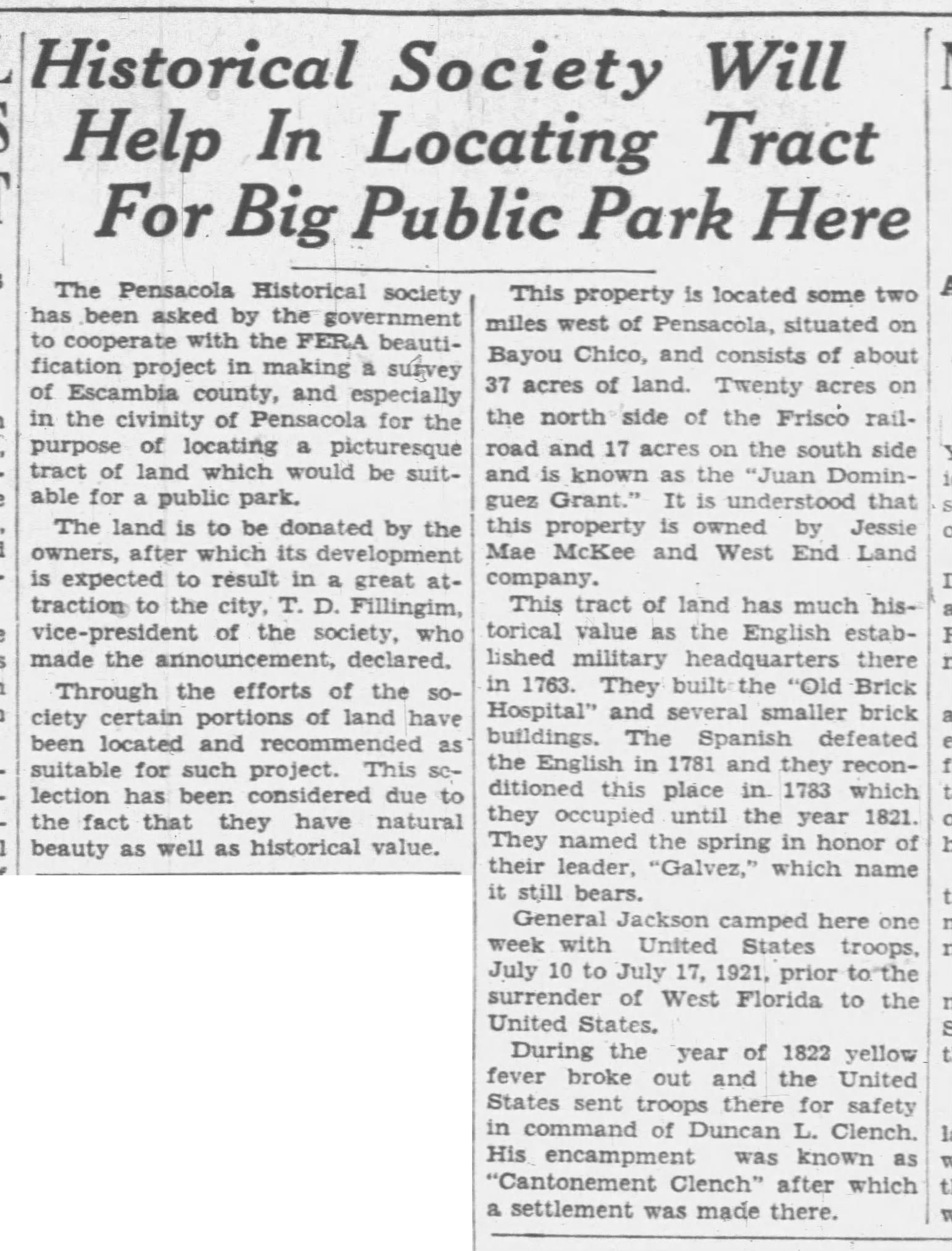 Pensacola News Journal article dated Sept. 10, 1934, headlined “Historical Society Will Help In Locating Tract For Big Public Park Here,” describing a 37-acre tract on Bayou Chico known as the Juan Dominguez Grant.