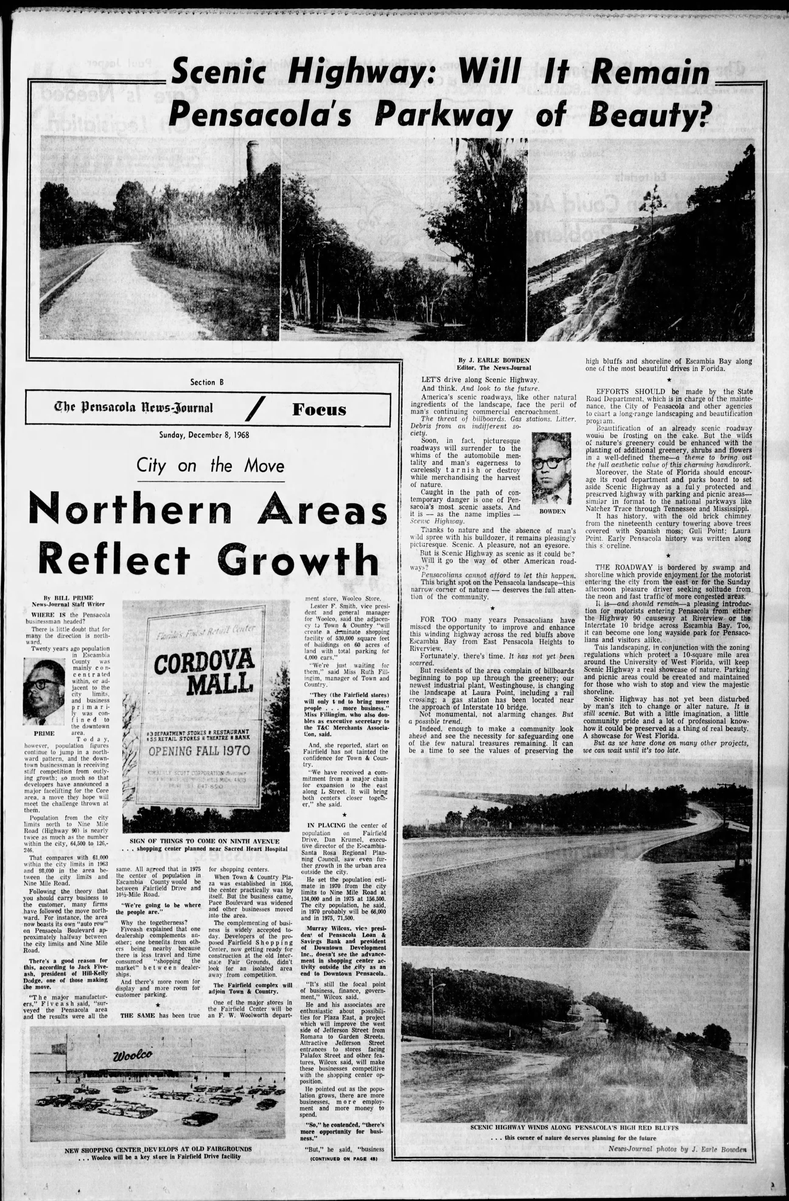Full-page Pensacola News-Journal spread dated Dec. 8, 1968, featuring J. Earle Bowden’s editorial “Scenic Highway: Will It Remain Pensacola’s Parkway of Beauty?” with photos of Scenic Highway along the bay bluffs.