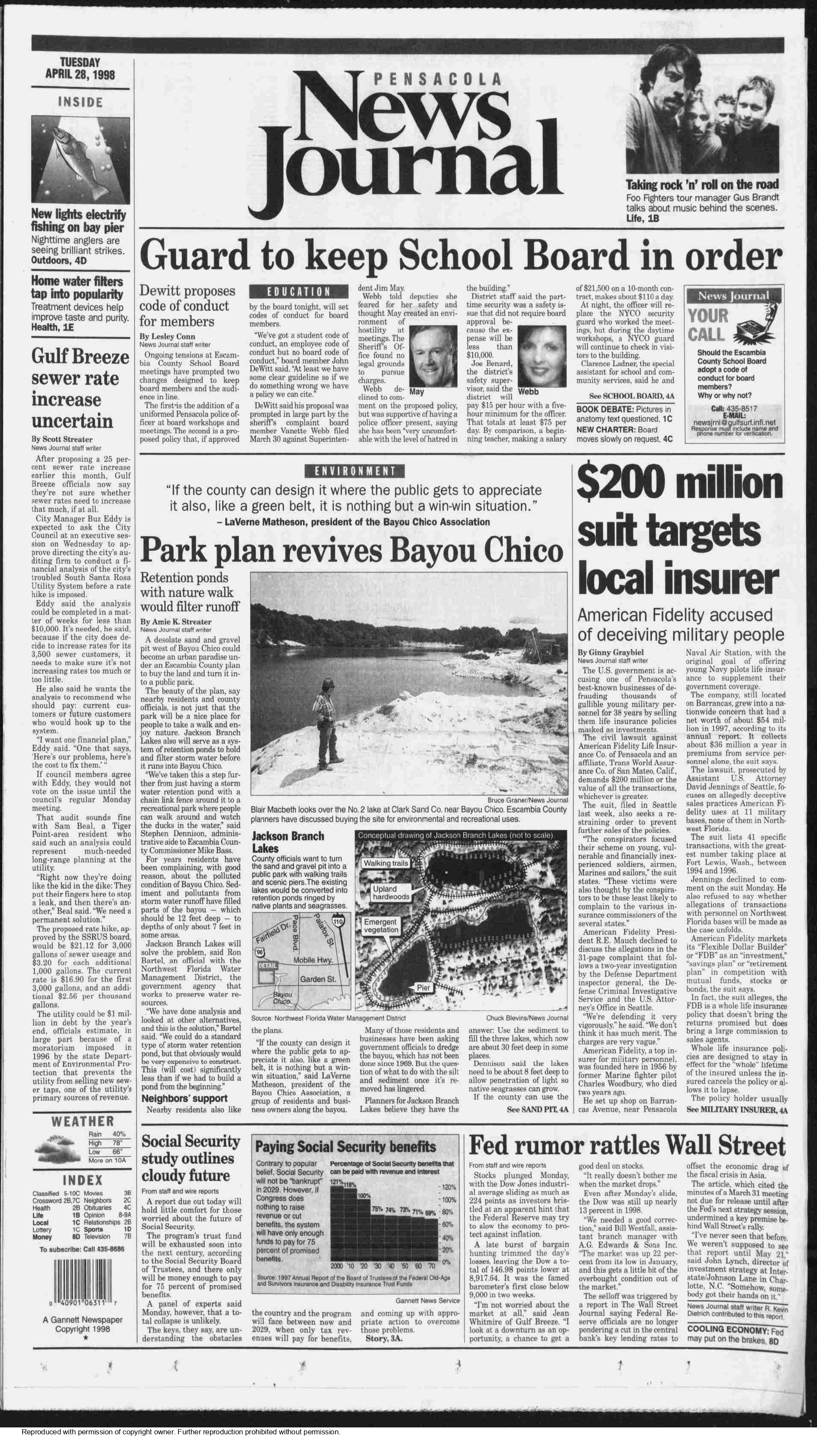 Front page of the Pensacola News Journal dated April 28, 1998, featuring the headline “Park plan revives Bayou Chico” with a large photo of Jackson Lakes and a conceptual site plan for public access and restoration.