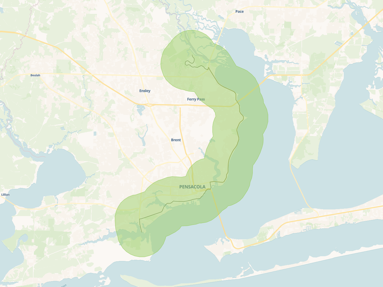 Map showing the Bluffline corridor from Corry Station through downtown Pensacola to UWF